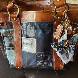 Coach Limited Edition Denim Patchwork Tote 10002 & Butterfly Cluster Bag Charm